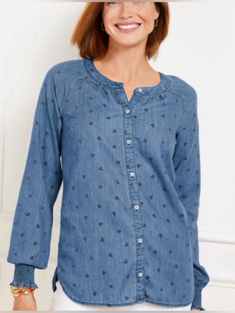 Talbots XL Blue Chambray Heart Print Button Front Smocked Cuff Blouse